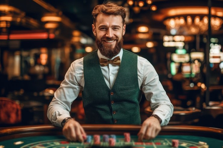 Dealer kasino langsung memandu permainan blackjack secara interaktif